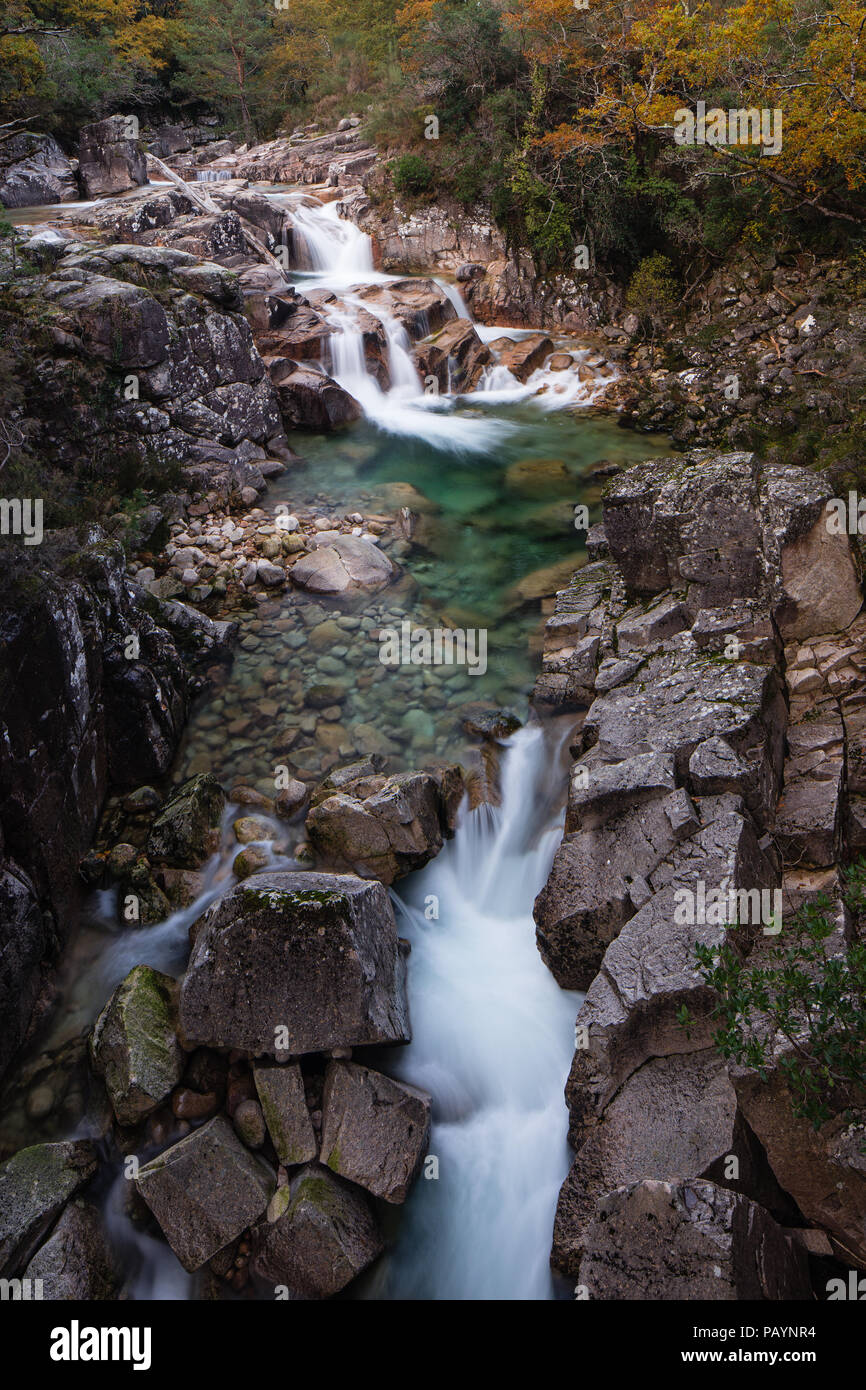 River Homen waterfalls and cascades. Mata da Albergaria, Geres on Geira Romana Stock Photo