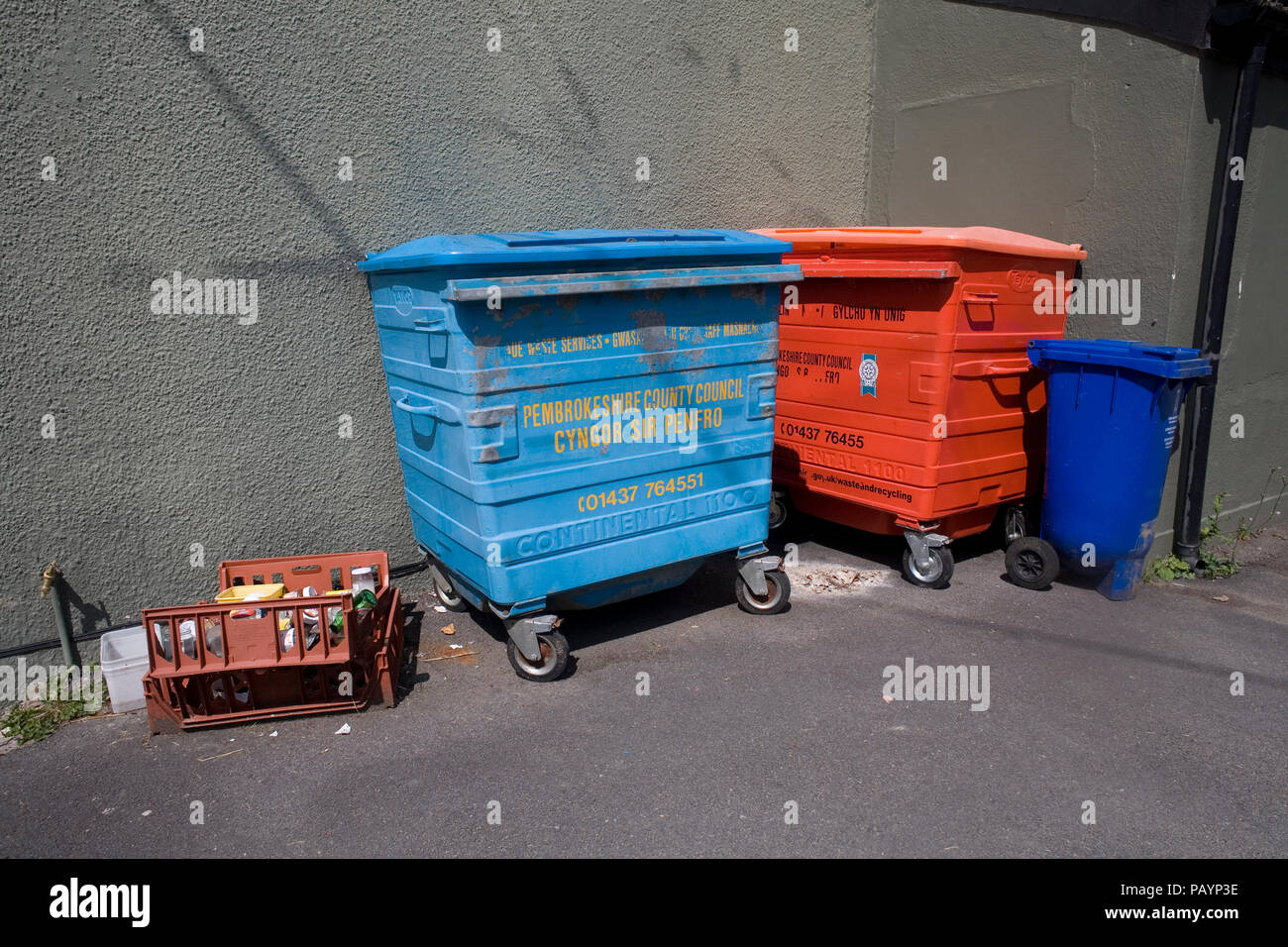 Bins and tray for rubbish and recycling outside Castle View care home in the village of Llawhaden Stock Photo