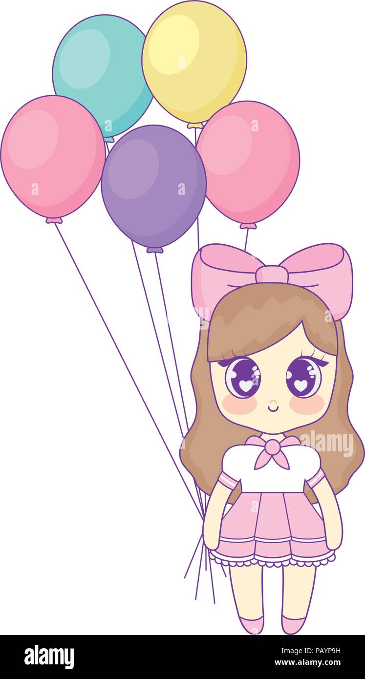 Happy birthday design with anime girl with balloons over white