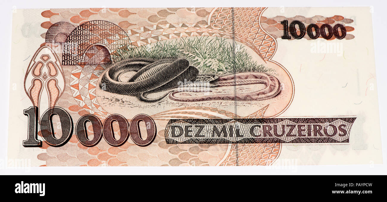10000 Brasilian cruzeiro bank note. Cruzeiro is the former currency of ...