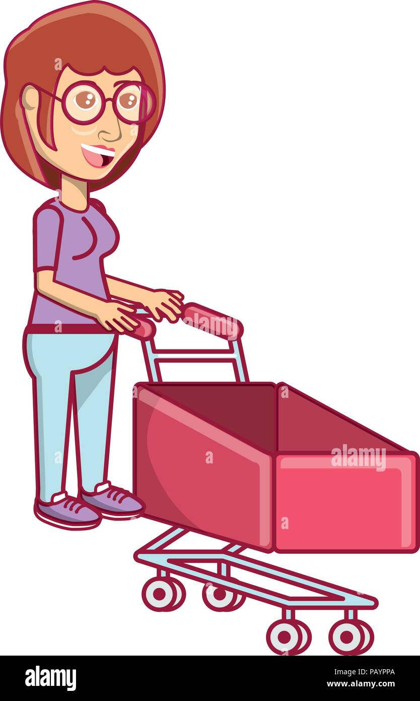 cartoon woman with shopping cart over white background, vector