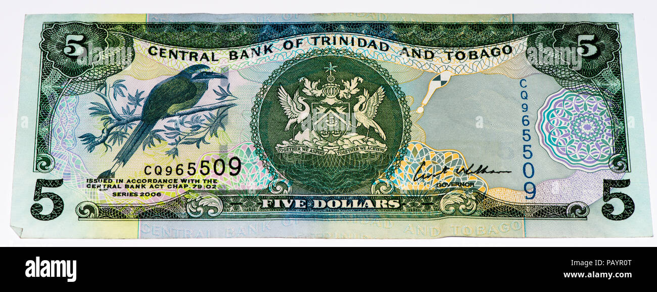 VELIKIE LUKI, RUSSIA - JULY 30, 2015: 5 Trinidad and Tobago dollar bank note. Trinidad and Tobago is the national currency of this country Stock Photo