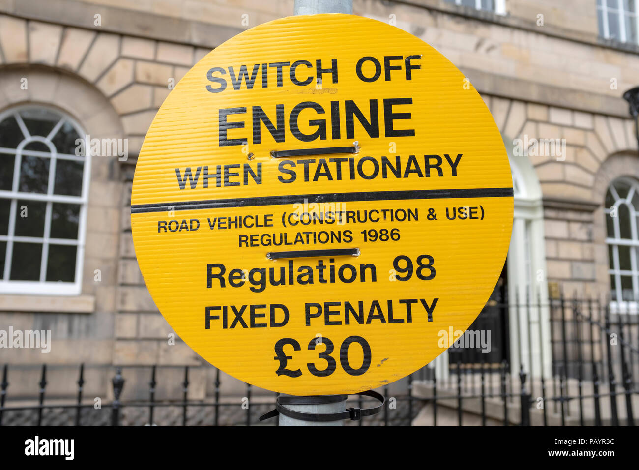 Switch Off Engine When Stationary sign in Charlotte Square, Edinburgh, Scotland, United Kingdom. Stock Photo