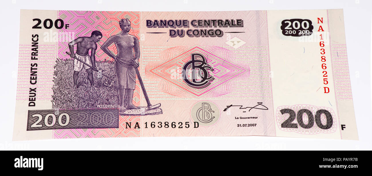 200 Congolese francs bank note of Congo. Congoles franc is the national