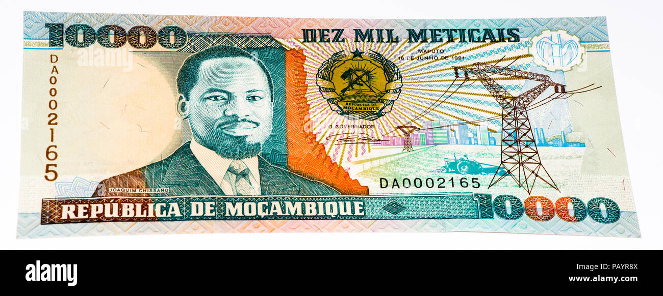 10000 Mozambican escudos bank note. Mozambican escudo is former currency of Mozambique Stock Photo