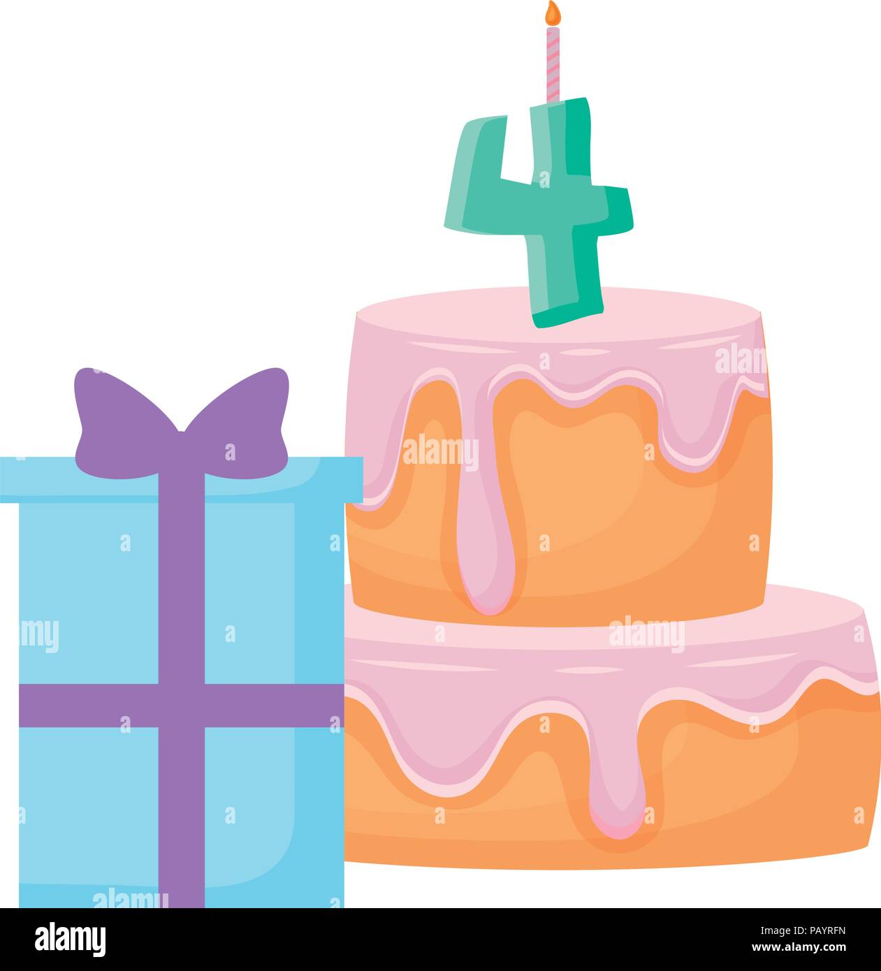 gift box and Birthday cake with number four candle over white