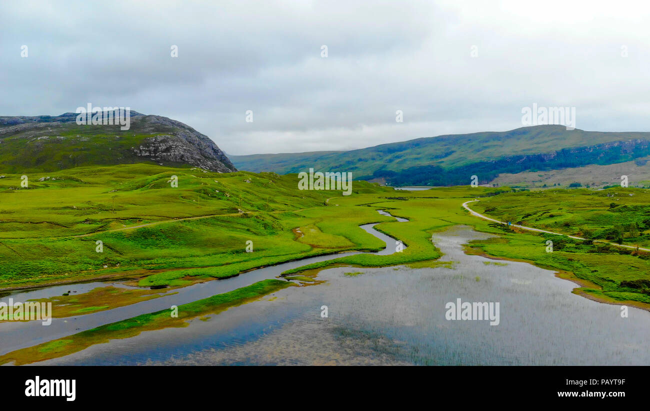 The typical landscape of the Scottish Highlands - aerial view Stock Photo