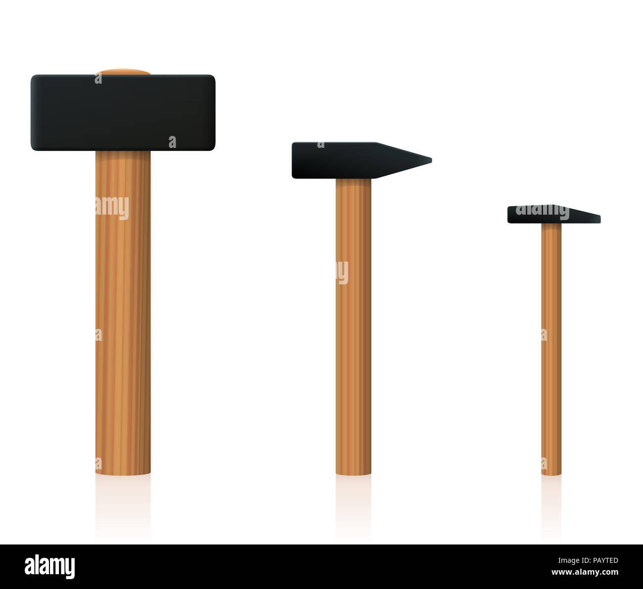Hammer set. Big, normal and small upright standing basic hand tool to compare different size - illustration on white background. Stock Photo