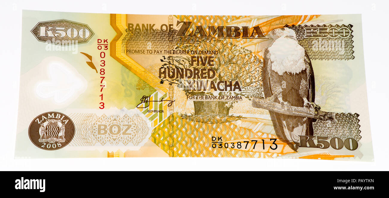 500 Zambian kwach bank note. Zambian kwacha is the national currency of