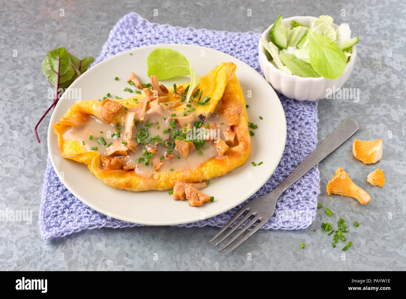 Omelette with chanterelle mushroom sauce Stock Photo Alamy