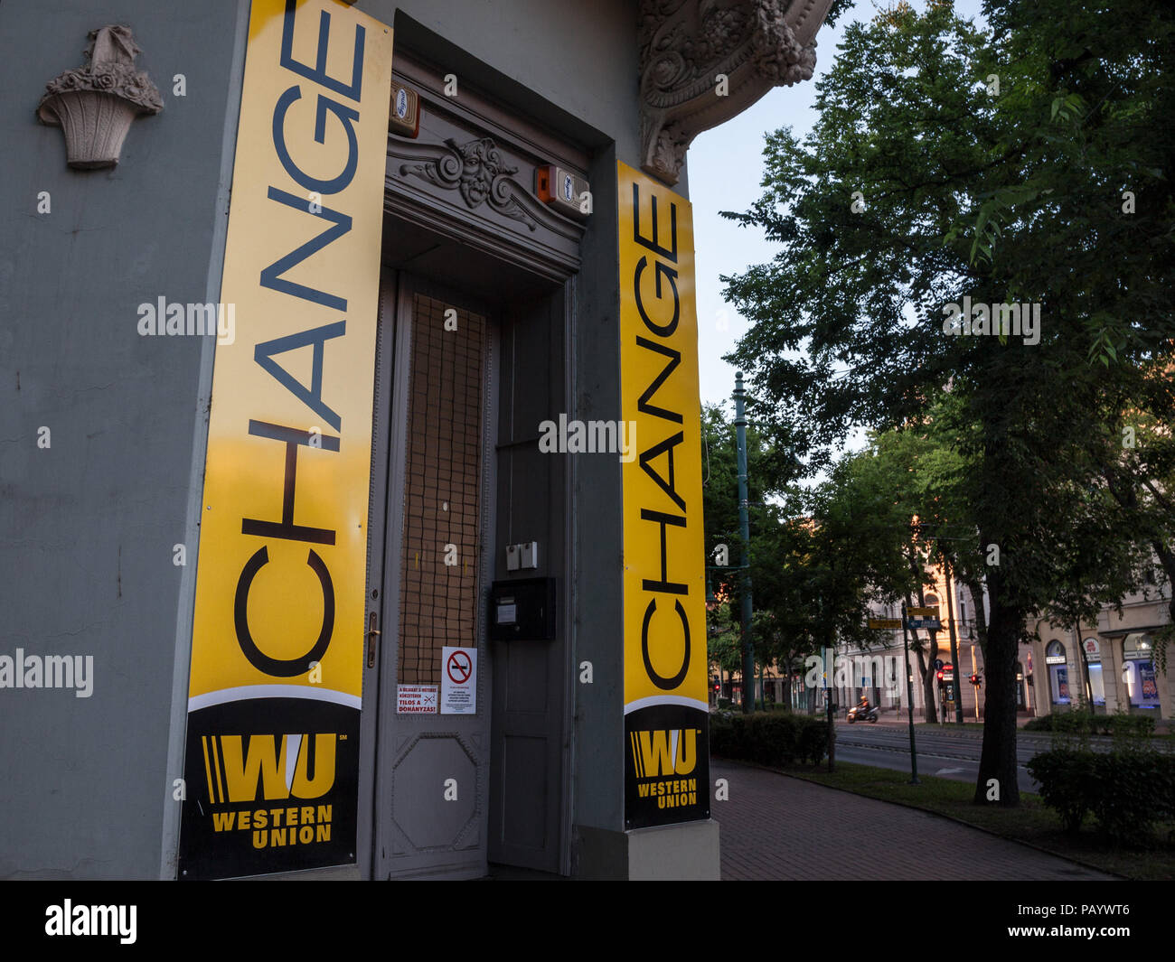 SZEGED, HUNGARY - JULY 3, 2018: Western Union logo on their main exchange office for Szeged. The Western Union Company is an American financial servic Stock Photo