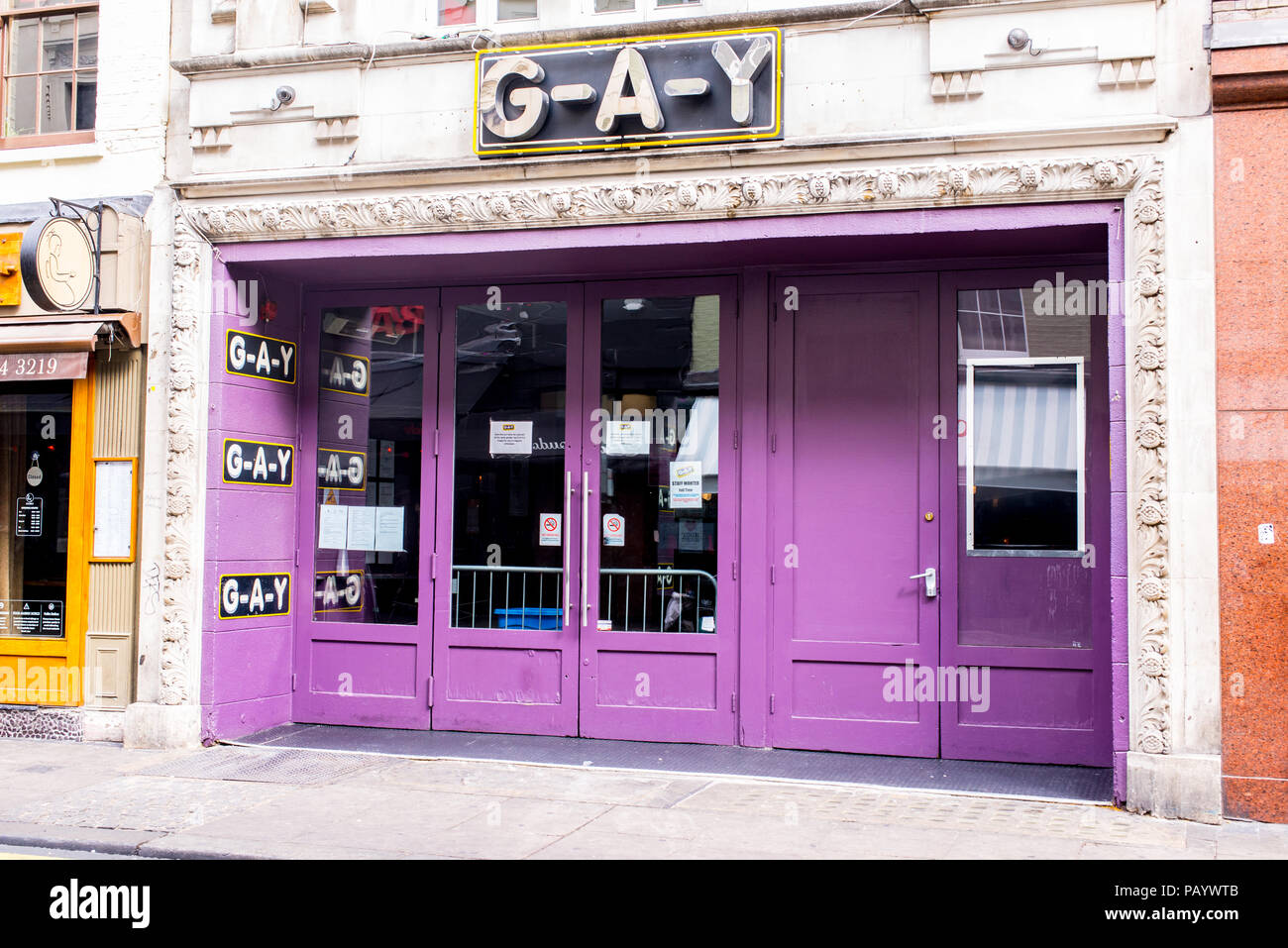 G-A-Y Bar in Soho, a very popular Gay bar venue in London. Many of London's gay bars are clustered around Soho, the traditional centre of London's LGB Stock Photo
