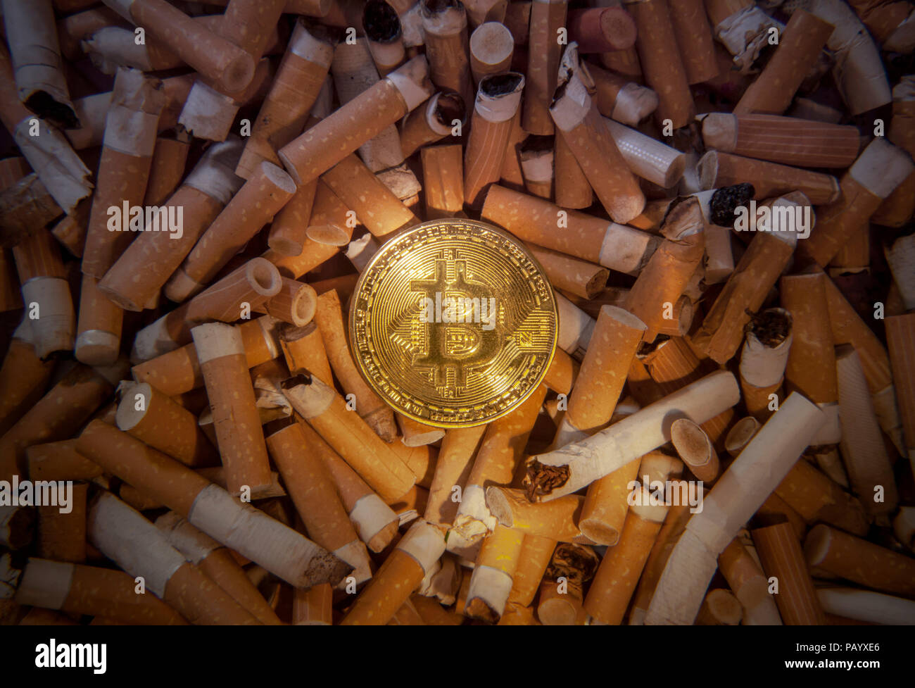 A golden physical bitcoin (digital virtual crypto-currency) placed on a bunch of cigarette butts, with a light spot over it. Stock Photo