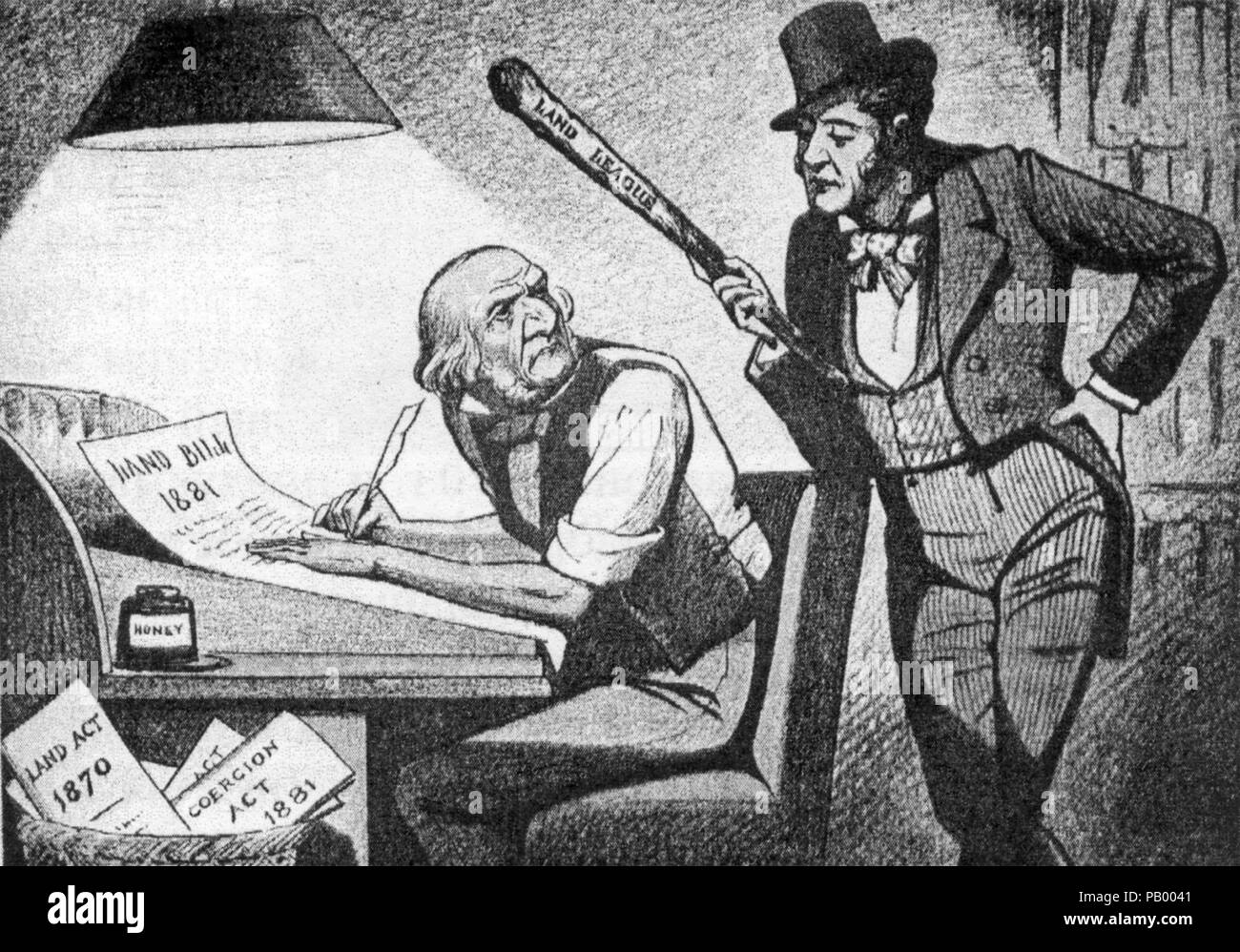 BRITISH PRIME MINISTER WILLIAM GLADSTONE composing the terms of the Land Law (Ireland) Act of 1881 watched over by a figure from the Irish National Land League Stock Photo