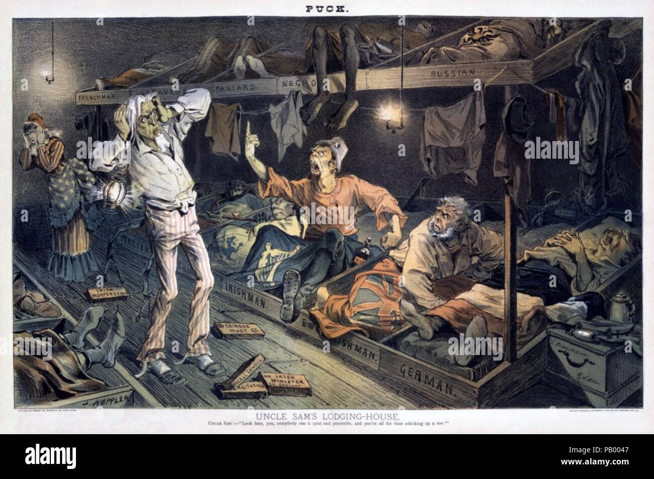 UNCLE SAM'S LODGING-HOUSE A cartoon in the American magazine Puck from 7 June 1882. An Irishman is shown disturbing the peace of a boarding house with ...
