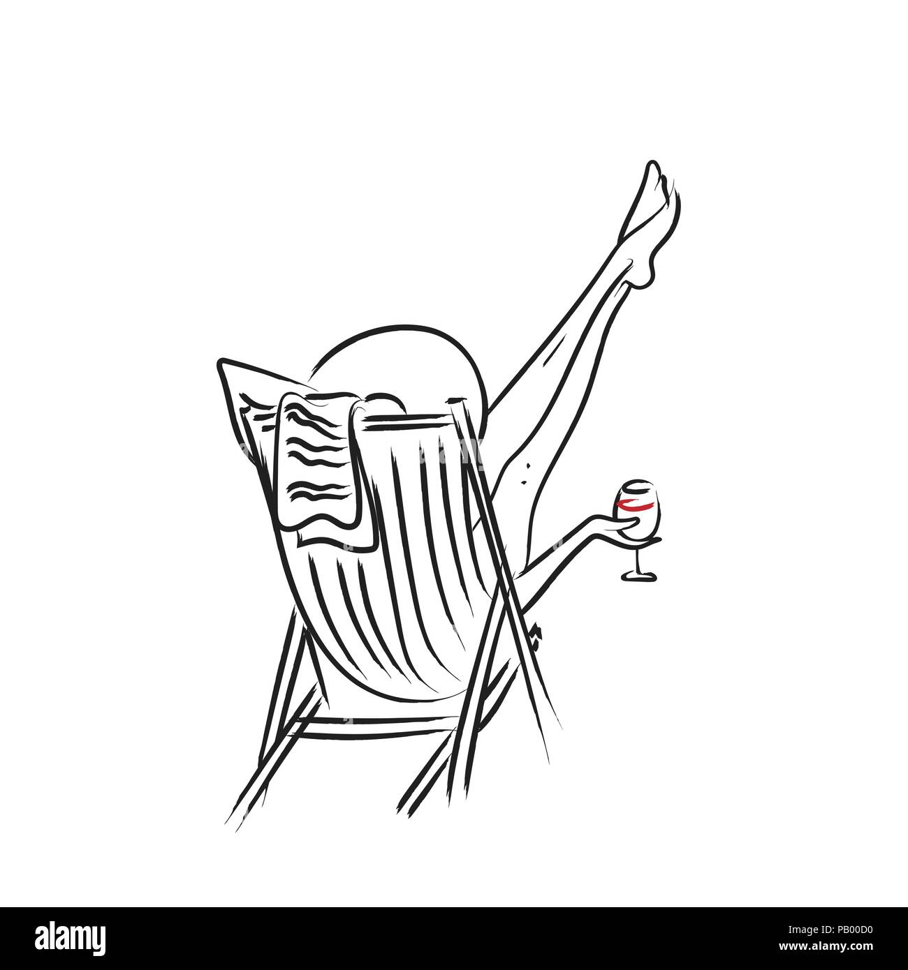 Vector illustration of a woman chilling in a lounge chair in a sunhat with legs stretch and glass of red wine in hand - sketch black outline isolated  Stock Vector