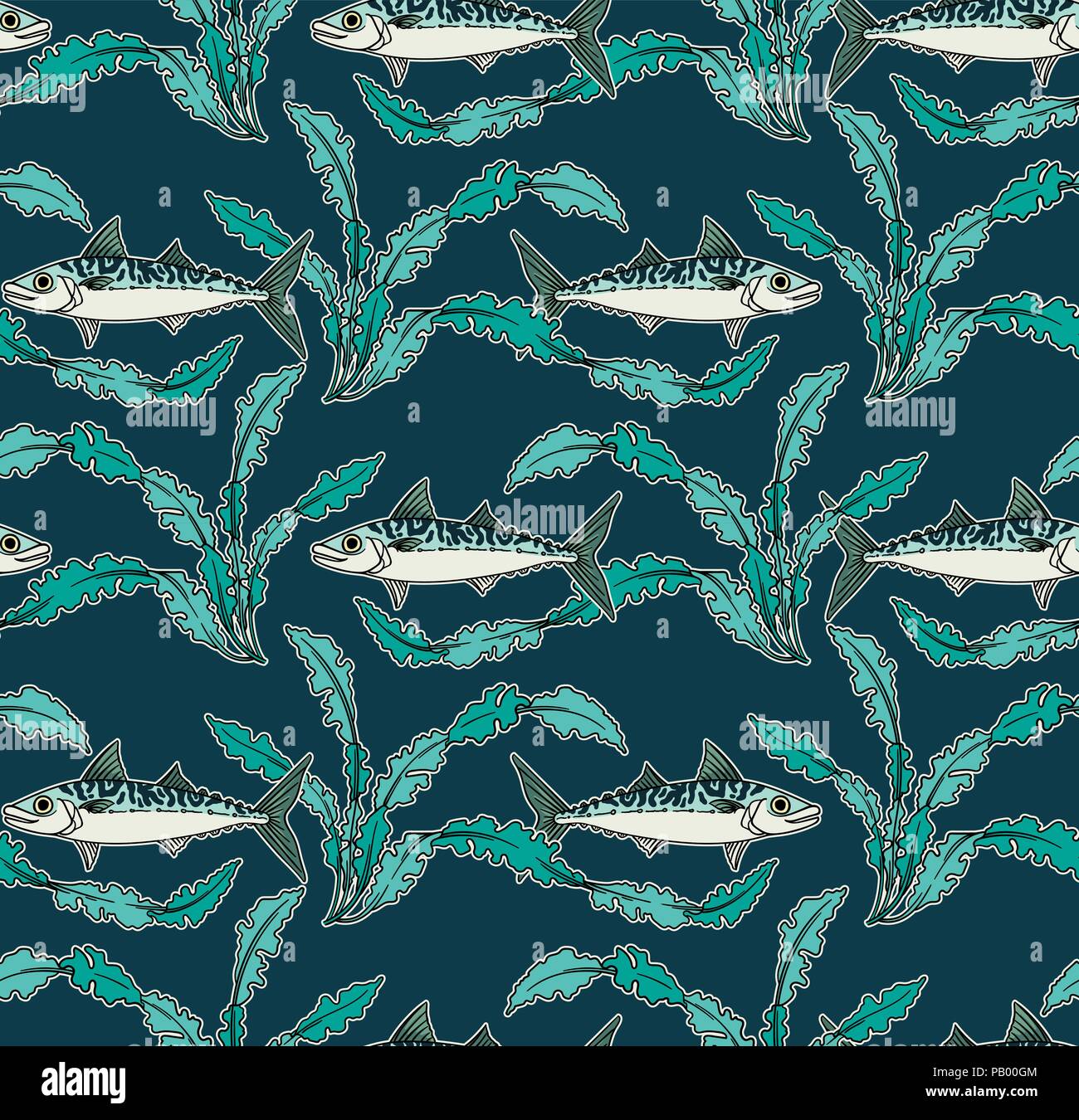 Mackerel And Seaweed Seamless Pattern Art Nouveau Or Art Mackerel And Seaweed Seamless Pattern Art Nouveau Or Art
