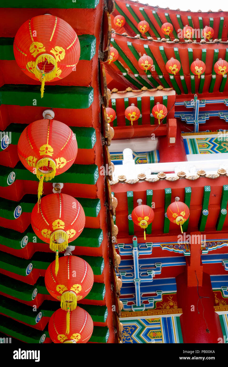 The Red and Green shapes colours of The chinese lanterns and roofs on the Thean Hou Temple in Kuala Lumpur, 6 tiered temple to the chinese goddess Maz Stock Photo
