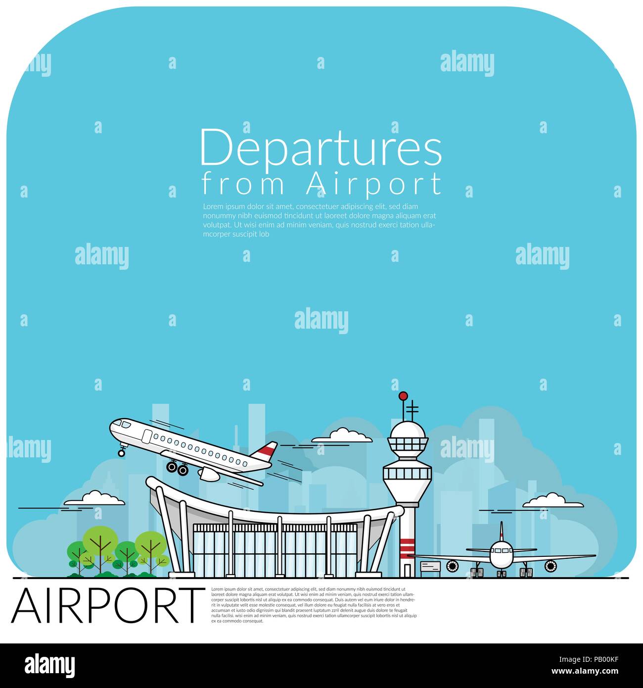 simple vector illustration of airplane take off for departures from airport terminal and airplane parking at airfield. travel concept, flat design EPS Stock Vector