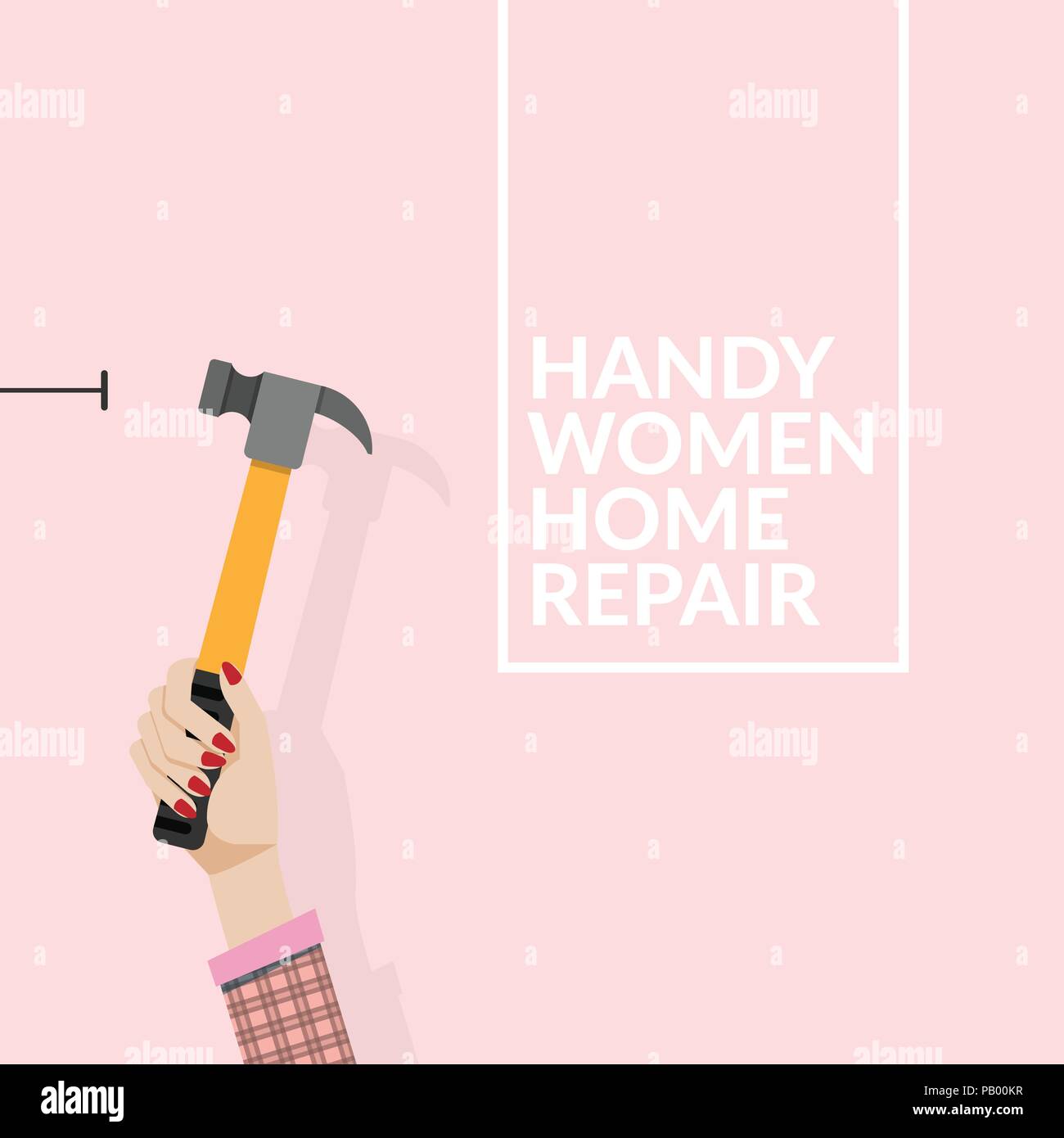 woman using hammer and nail on the wall isolated on pink background. do it yourself home repair by woman concept. vector illustration EPS10 with copy  Stock Vector