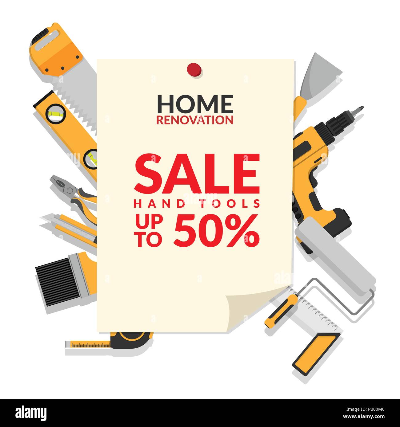 home repair tools set isolated on white background with paper notice with text home renovation hand tools sale up to 50% for hardware store promotion  Stock Vector