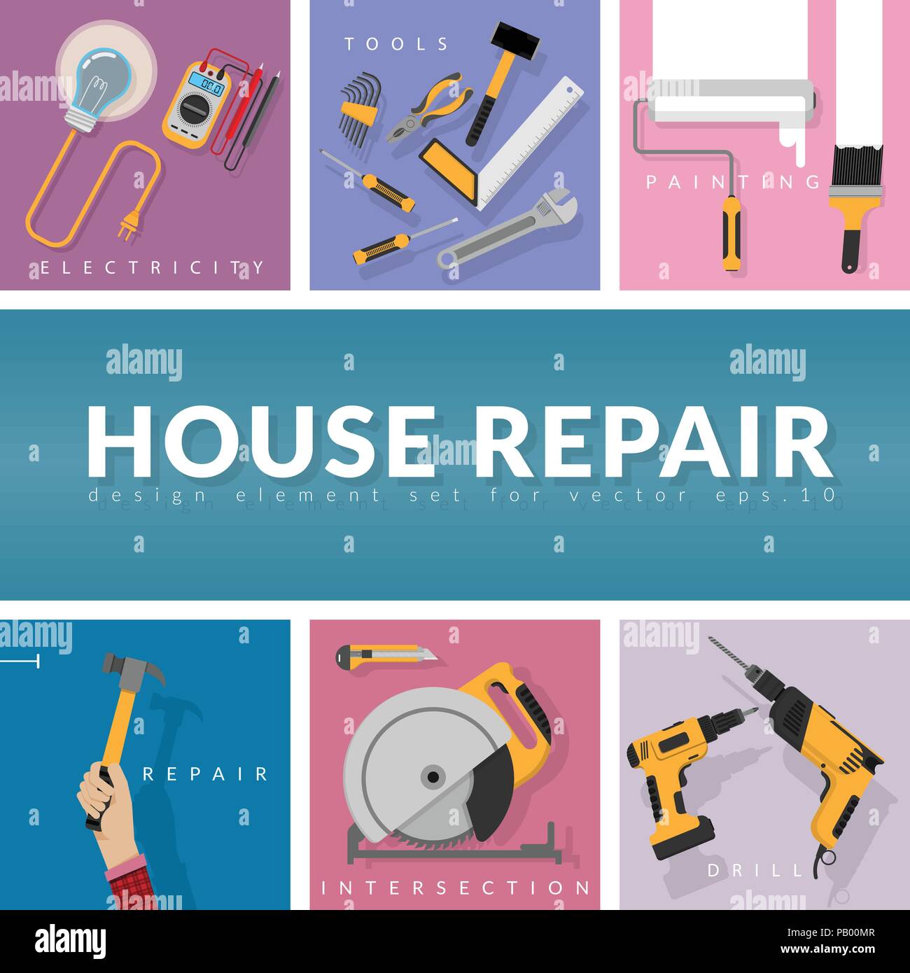 set of home repair working tools vector logo design template with copy space for your text or company name. home repair banner, construction , repair  Stock Vector