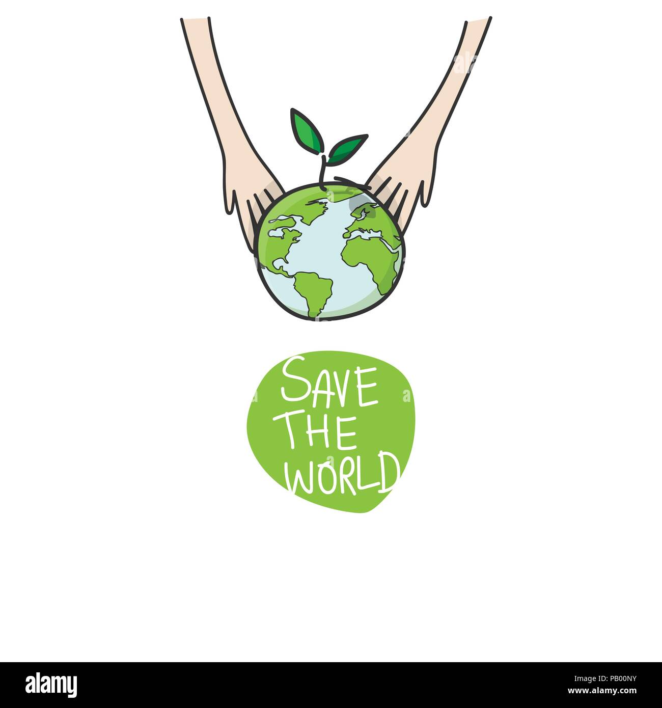 two hands of the children planting green globe and tree for saving environment nature conservation, ecology concept. vector illustration isolated on w Stock Vector