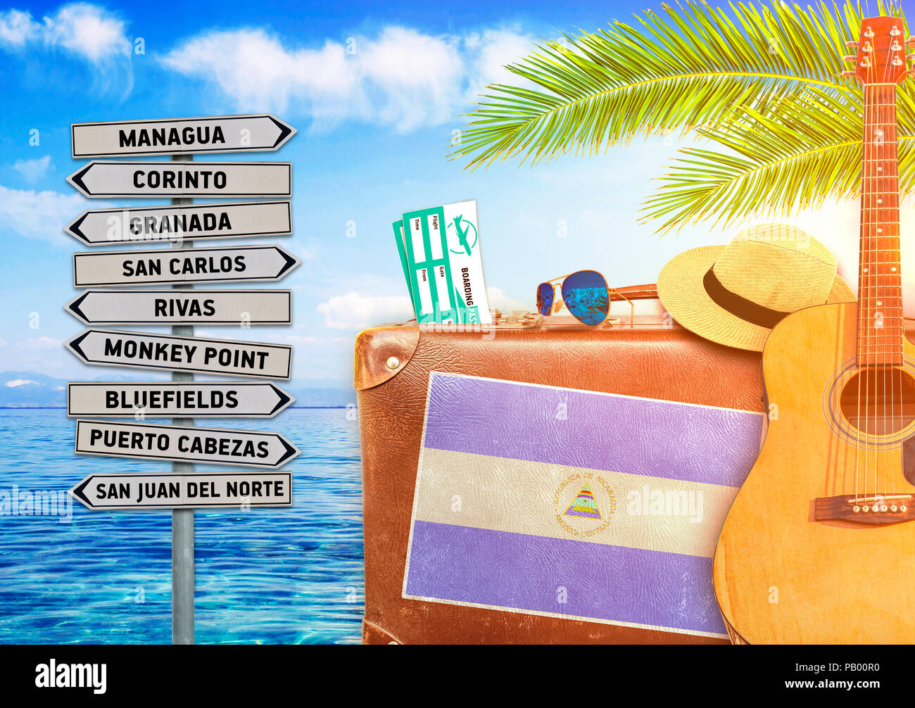 Concept of summer traveling with old suitcase and Nicaragua town sign Stock Photo
