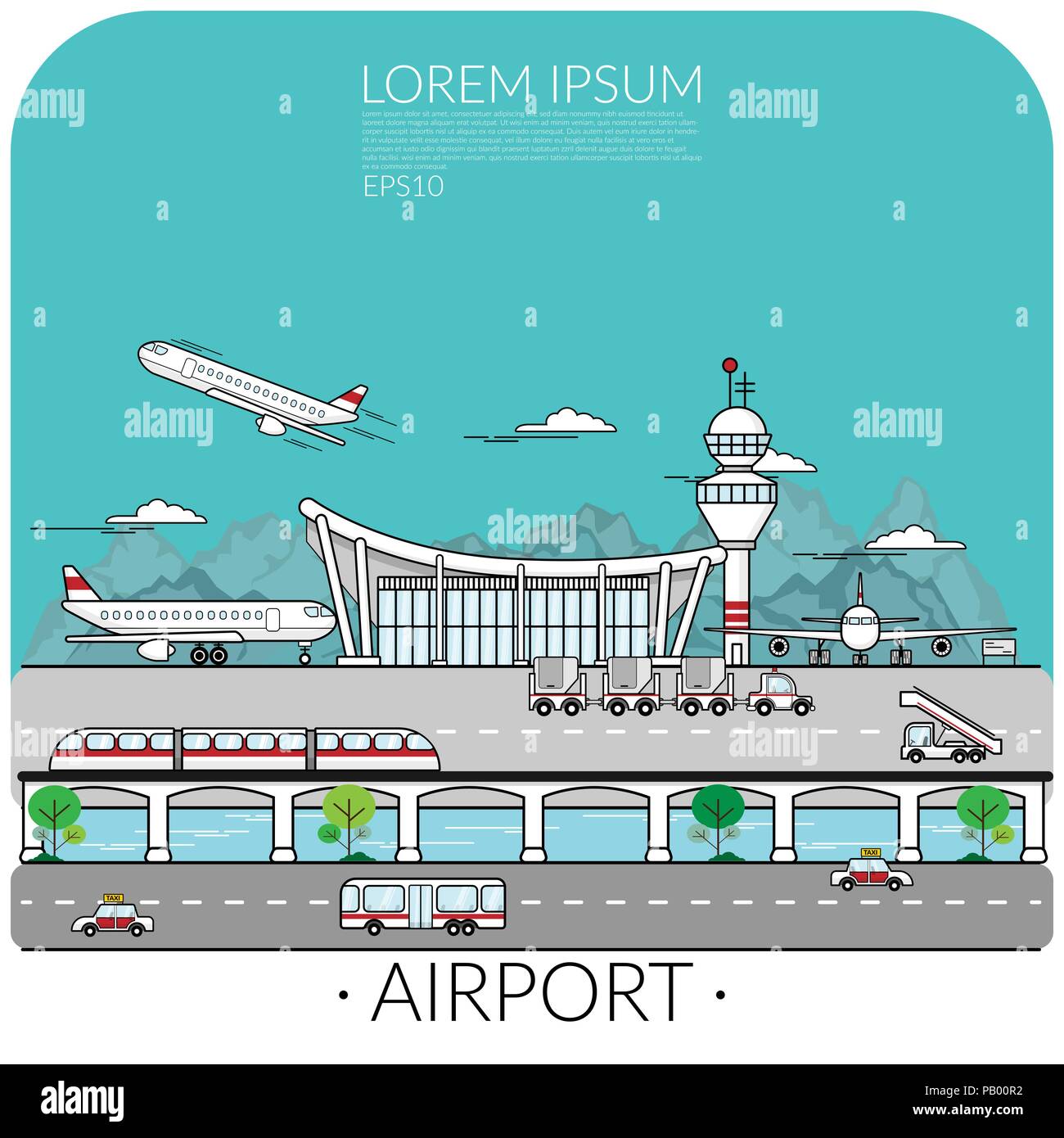 vector of busy airport with airplane take off , landing and parking include transportation around the airport. traveling by air concept Stock Vector