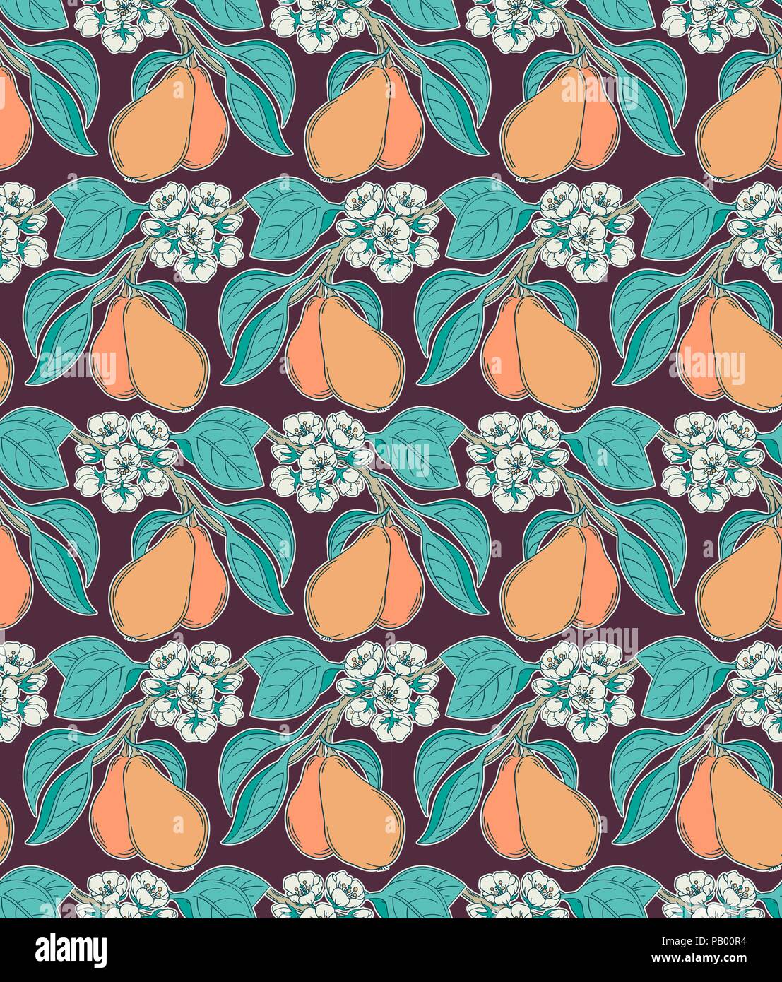 Pear tree garden seamless pattern with fruits and flowers in vintage ...