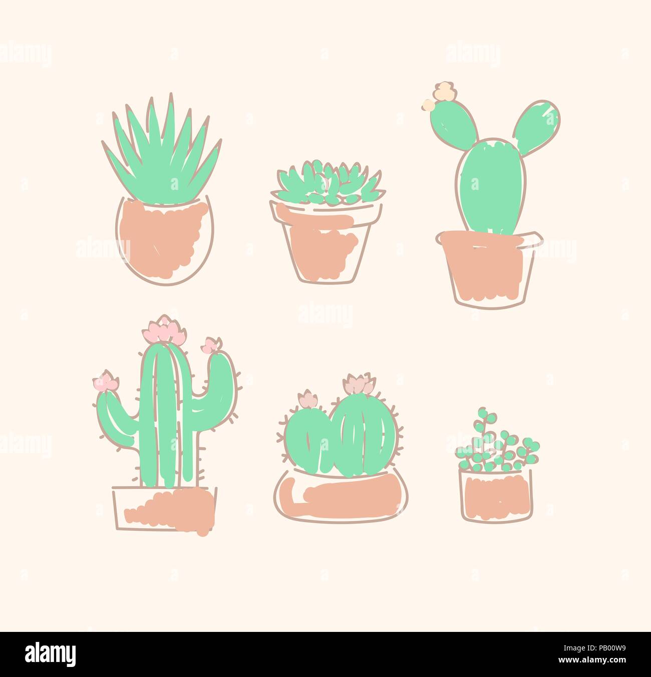 Various succulents cactus types in flowerpots vector illustration linear cute sketch set Stock Vector
