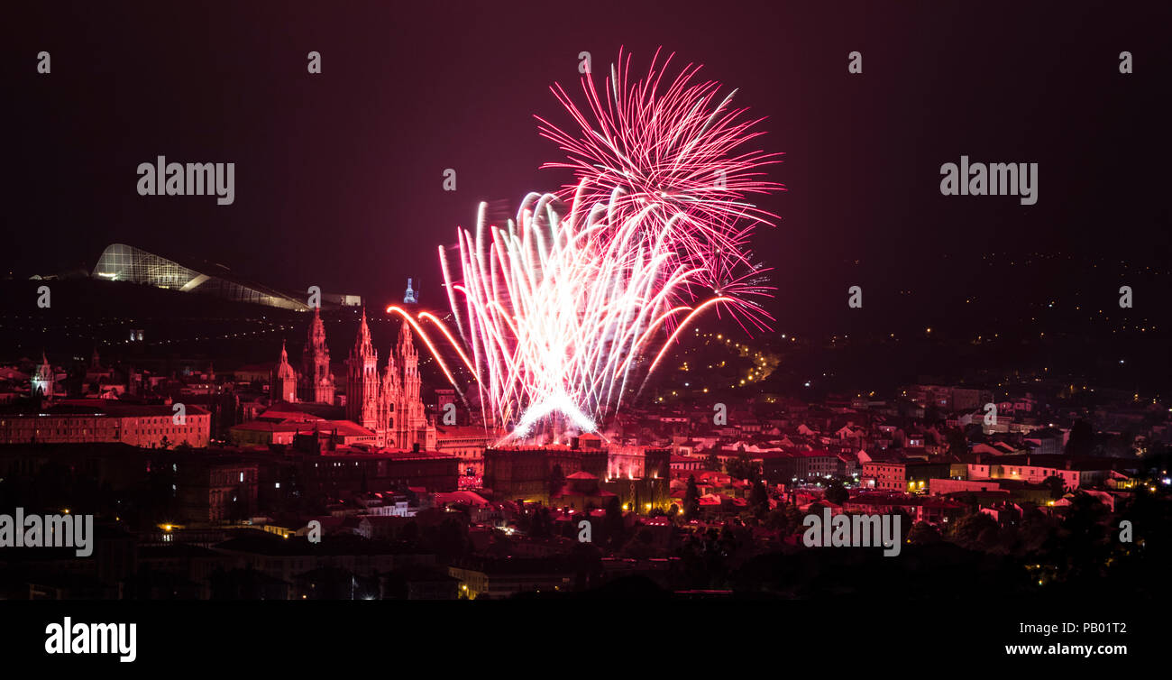 Santiago de Compostela, Spain. Fireworks display over the Cathedral of Saint James in honor of the Day of St James Festival 2018 (Dia del Apostol) in  Stock Photo