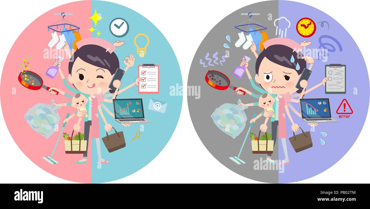 A set of nurse women who perform multitasking in offices and private ...