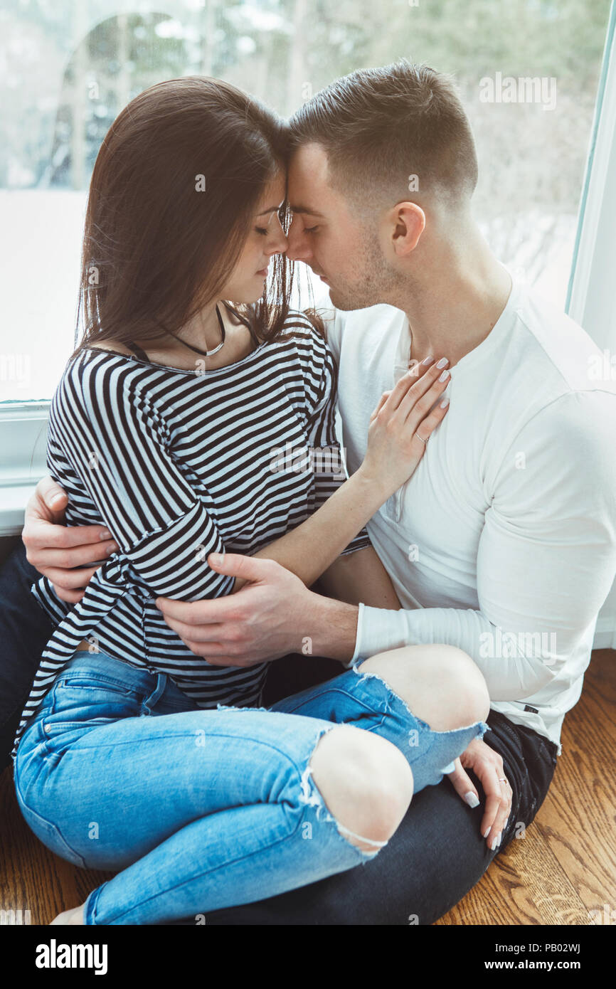 Portrait of beautiful romantic young couple man woman in love ...