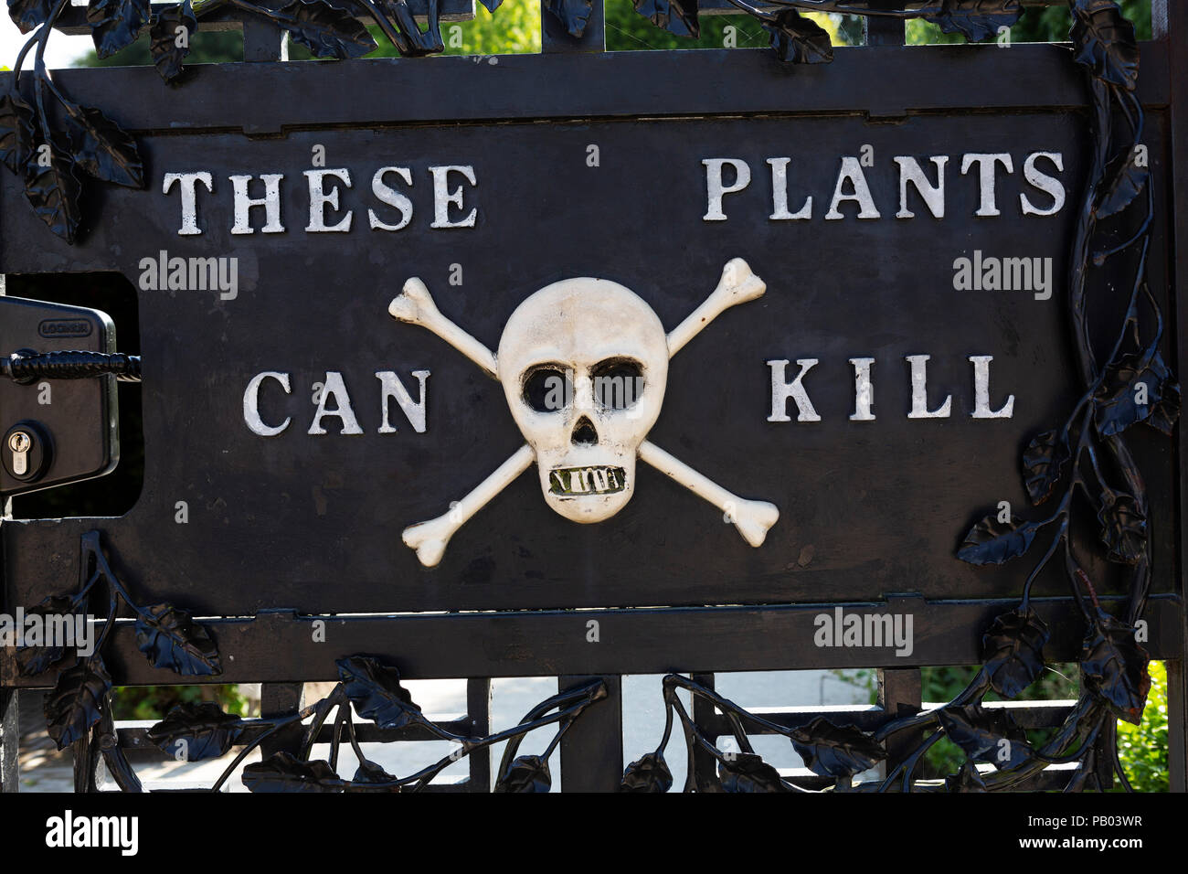 Sign warning that 'these plants can kill' on the gate of the Poison Garden at Alnwick Garden in Northumberland, England. Stock Photo