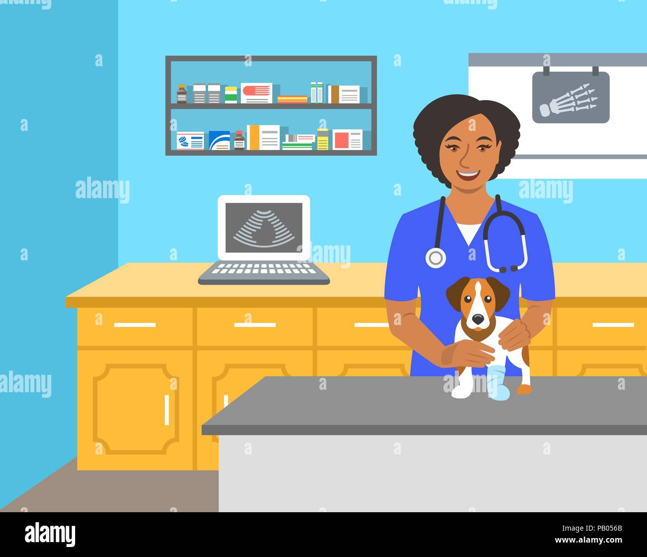 Veterinarian doctor holds dog on examination table in vet clinic