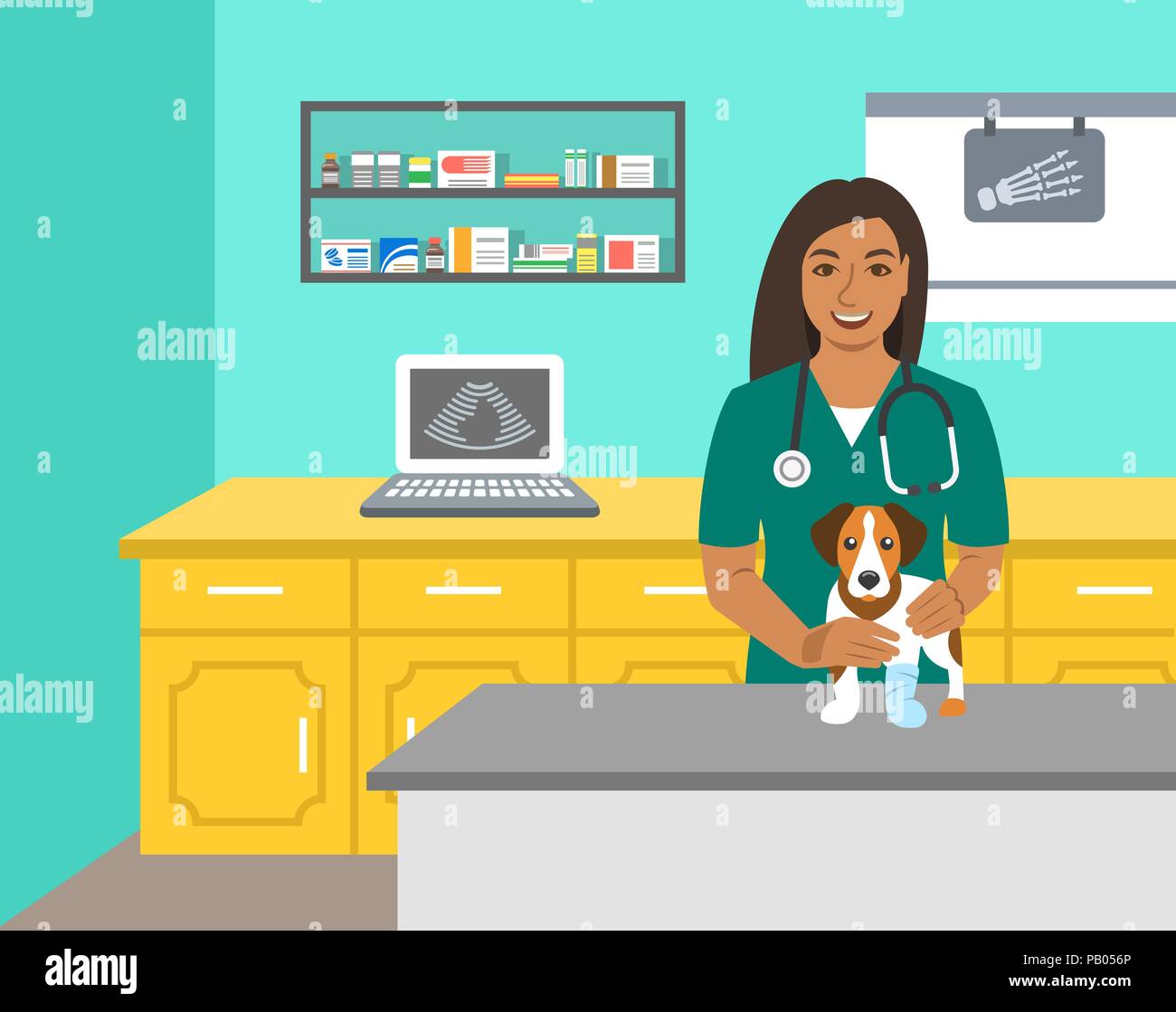 Veterinarian doctor holds dog on examination table in vet clinic. Vector cartoon illustration. Pets health care background. Domestic animals treatment Stock Vector