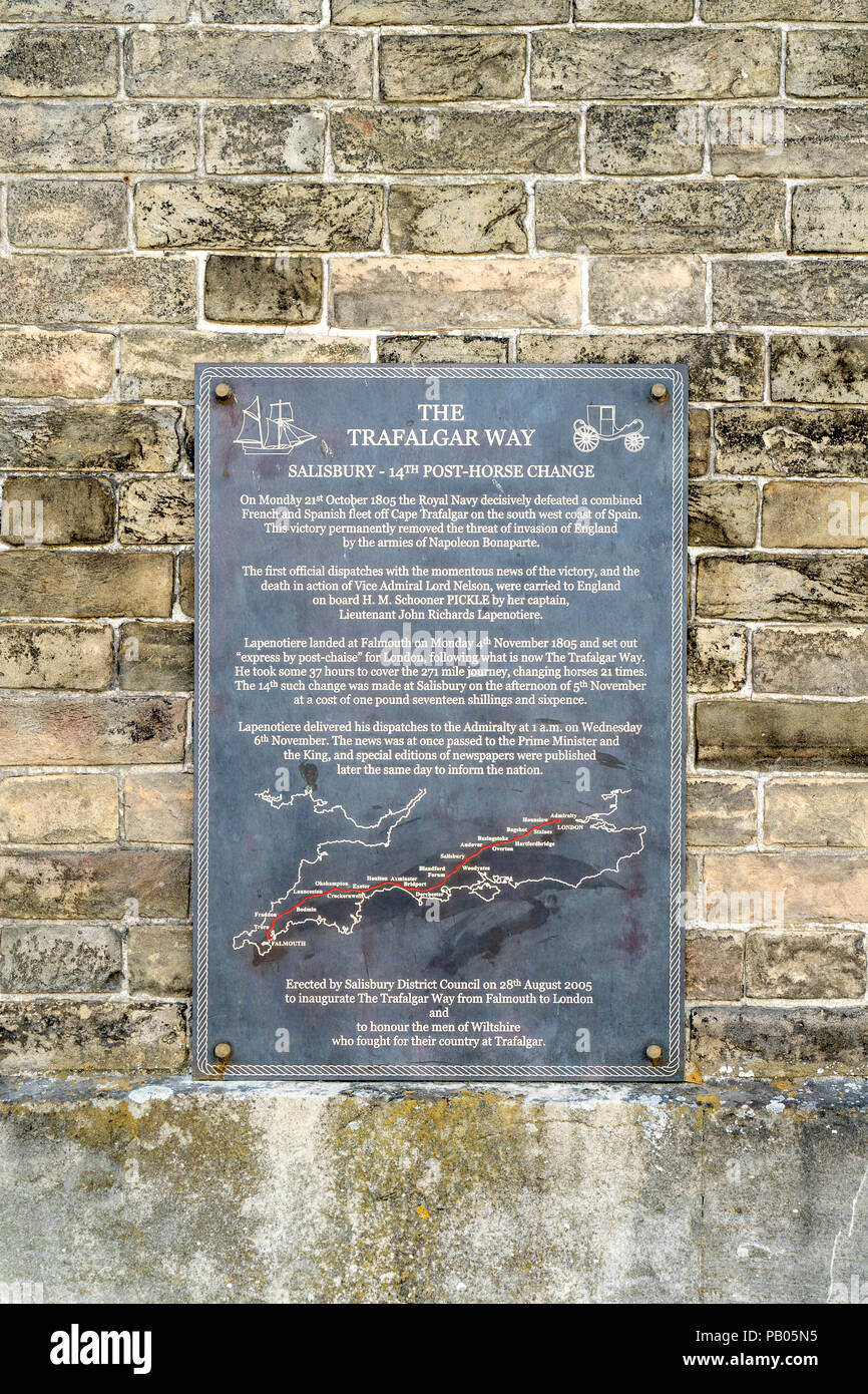 Fourteenth post-horse change at Salisbury on the 1805 Trafalgar Way commemorative plaque Stock Photo