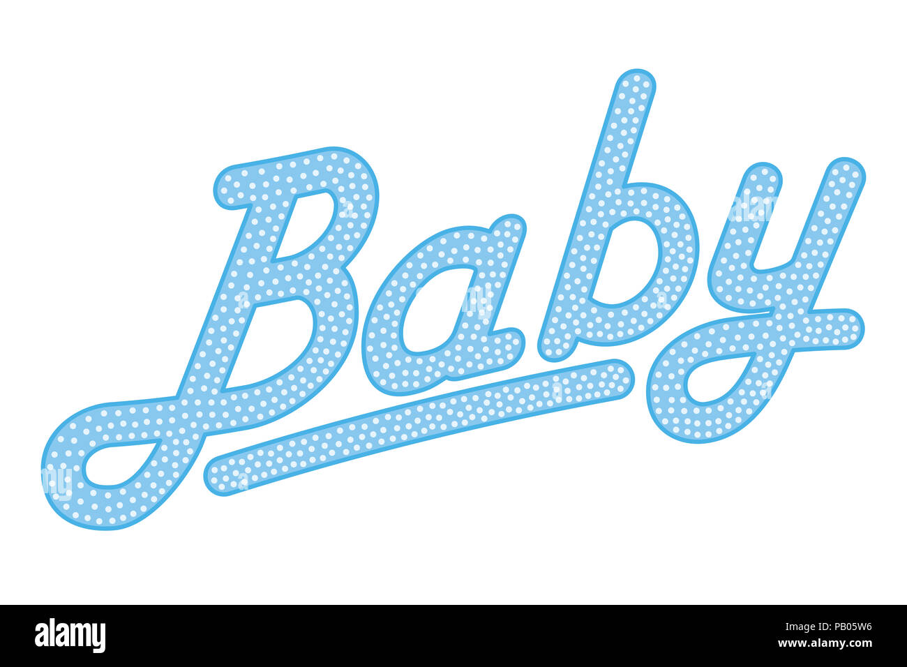 Cursive lettering of the word BABY, blue colored with bright and small dots. Randomly dotted, italic writing. Isolated. Illustration over white. Stock Photo