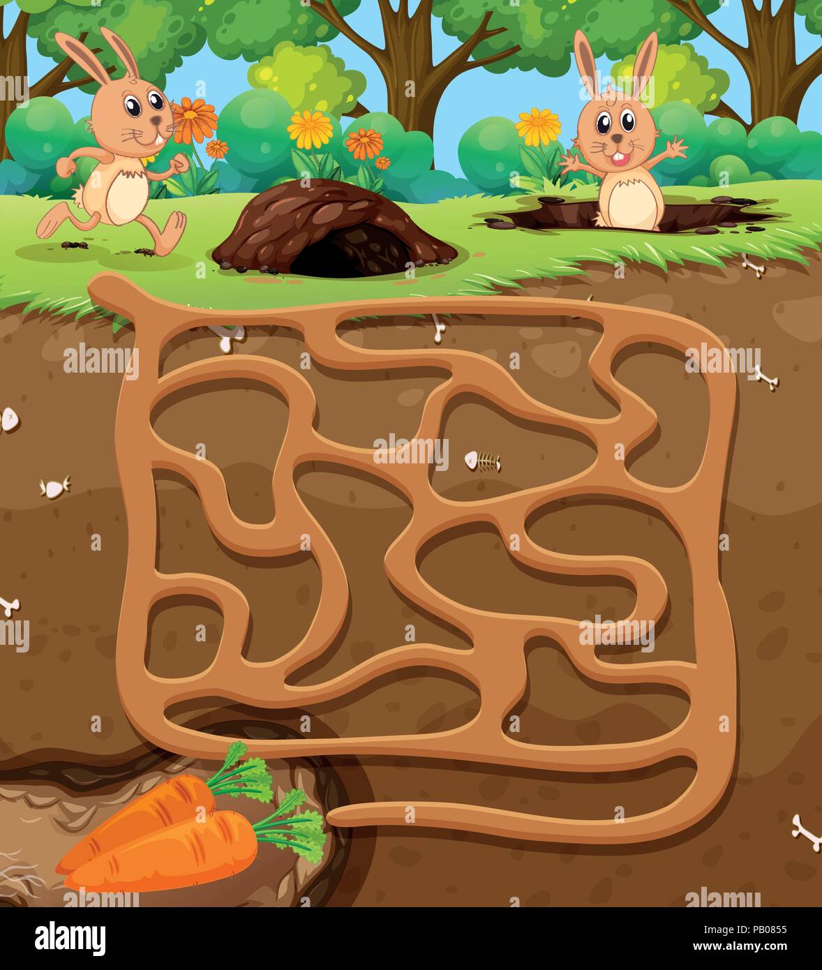 Rabbit finding carrot maze game illustration Stock Vector