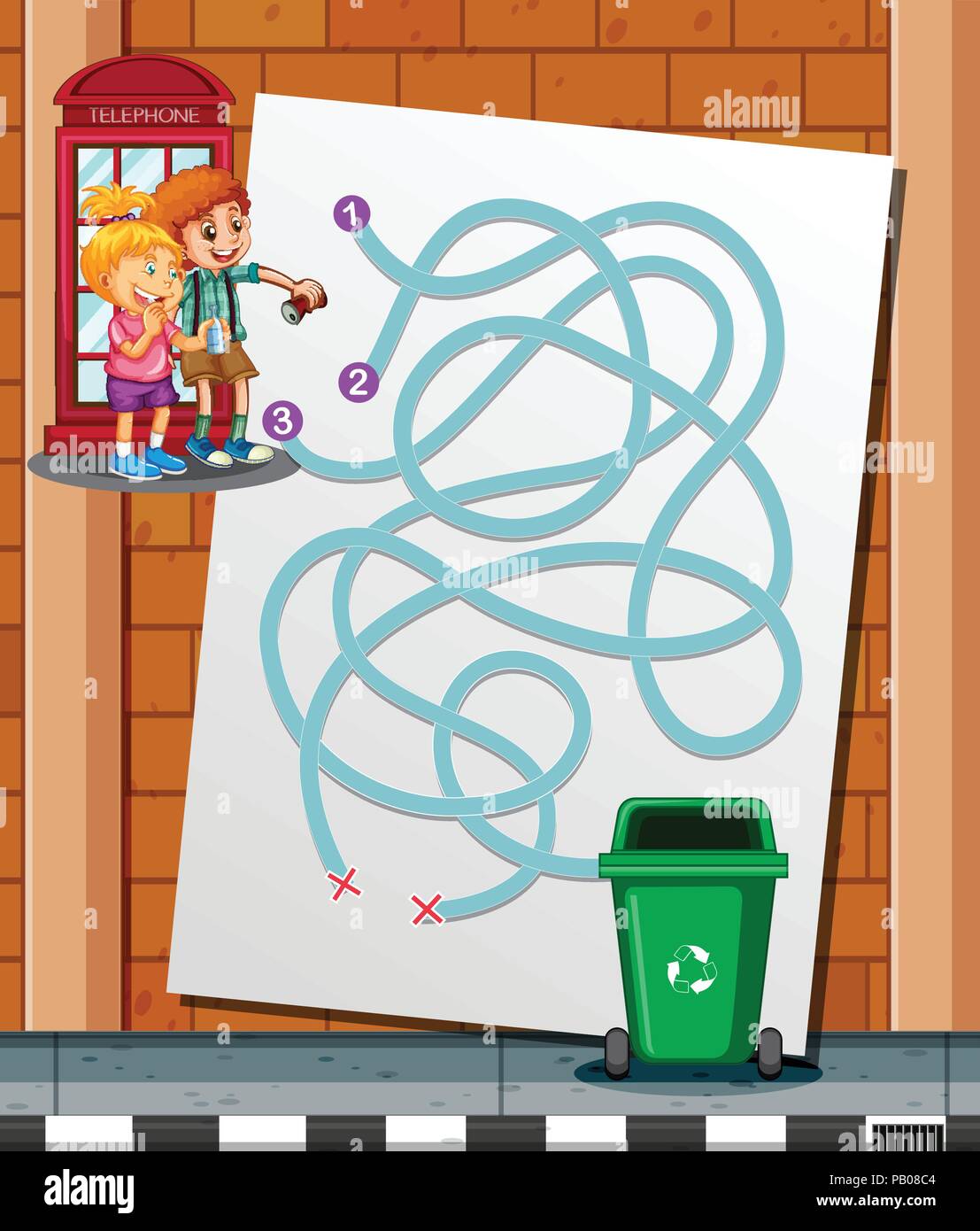 Children find the way to trash bin game illustration Stock Vector Image