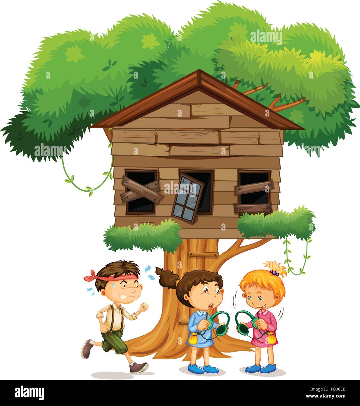 Kids playing infront of the treehouse illustration Stock Vector Image ...