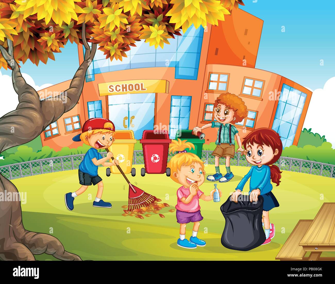 Kids volunteering cleaning up school illustration Stock Vector