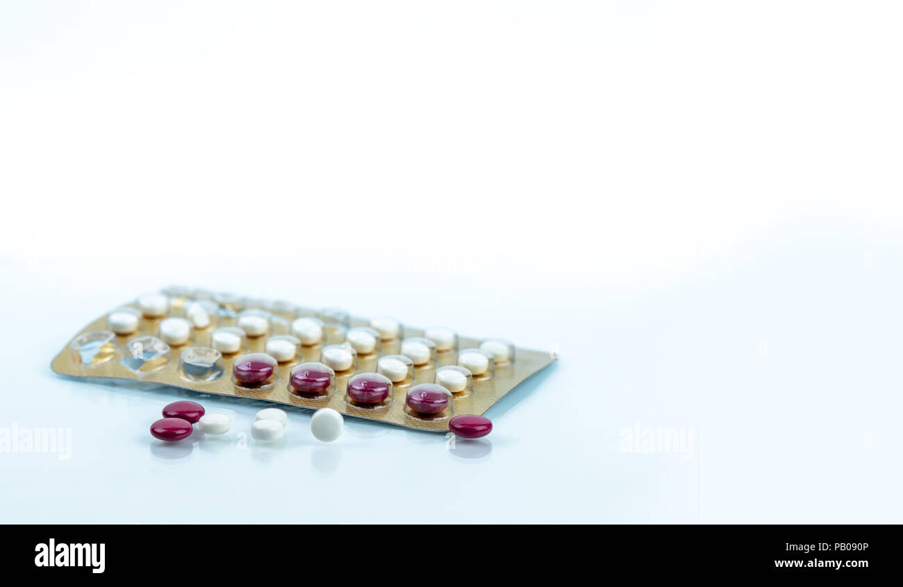 Oral contraceptive pills. Birth control pills. Hormones for contraception. Family planning, hormonal acne, gynecologist concept. Ovulate on birth cont Stock Photo
