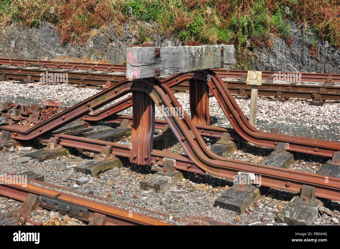 Buffer stop and rusty sidings, Dartmouth Steam Railway, Kingswear, South Devon, England, UK Stock Photo