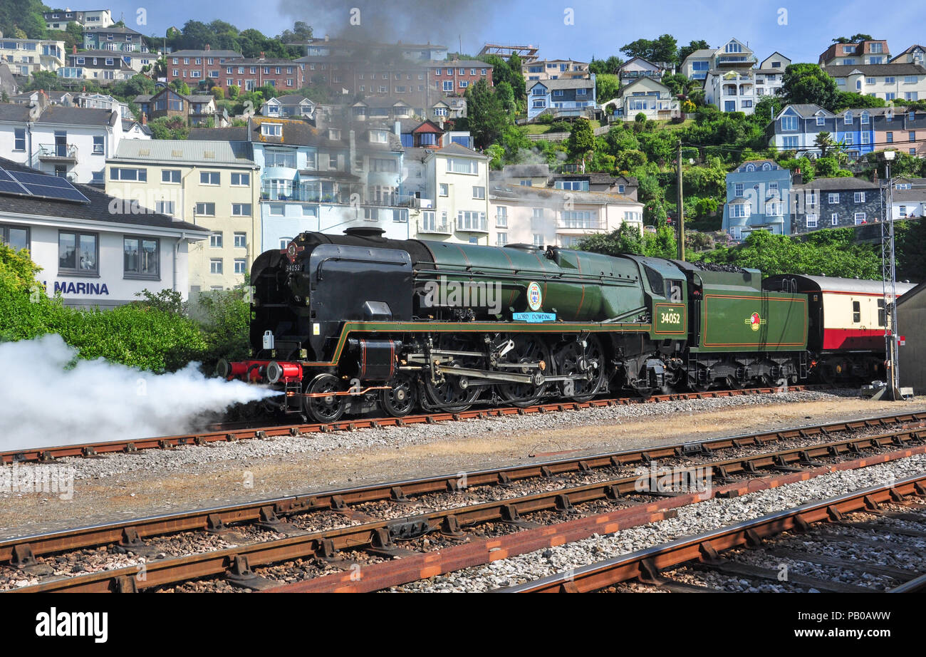 Preserved steam locomotive 'Lord Dowding' leaving Kingswear, Dartmouth Steam Railway, South Devon, England, UK Stock Photo