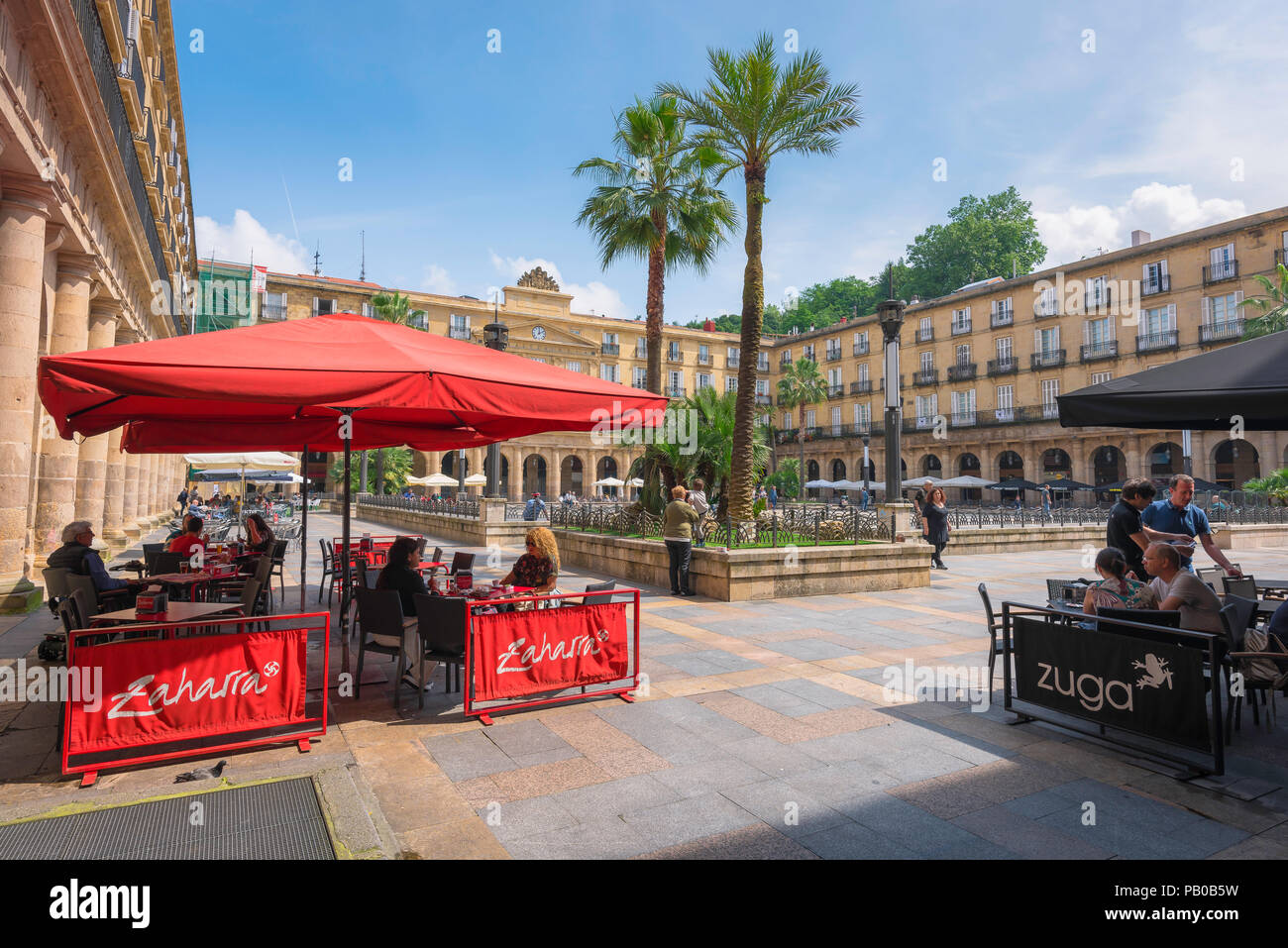 Bilbao Plaza Nueva, view of people seated at cafe terraces in the Plaza Nueva in the Old Town (Casco Vieja) area of Bilbao, Spain. Stock Photo