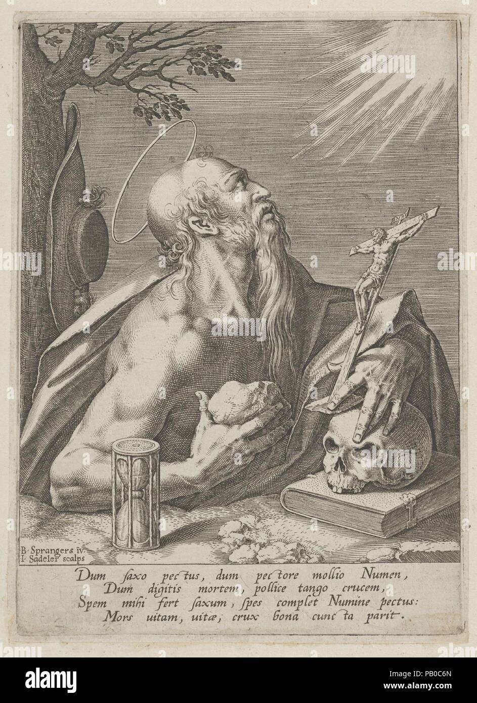 Saint Jerome. Artist: After Bartholomeus Spranger (Netherlandish, Antwerp 1546-1611 Prague); Johann Sadeler I (Netherlandish, Brussels 1550-1600/1601 Venice). Dimensions: Plate: 6 3/8 × 4 5/8 in. (16.2 × 11.8 cm)  Sheet: 6 9/16 × 4 3/4 in. (16.6 × 12.1 cm). Date: 1568-1600. Museum: Metropolitan Museum of Art, New York, USA. Stock Photo