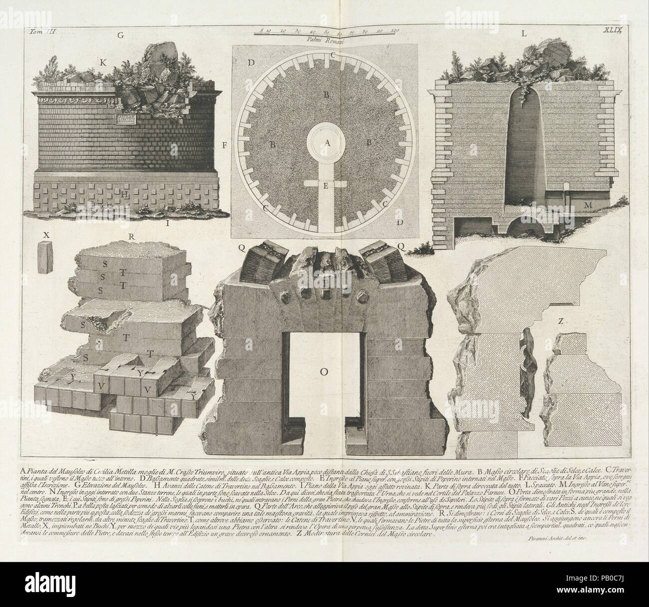 Plan of the Mausoleum of Caecilia Metella, wife of the Triumvir Marcus Crassus...,  from Le Antichità Romane (Roman Antiquities), tome 3, tavola 49. Artist: Giovanni Battista Piranesi (Italian, Mogliano Veneto 1720-1778 Rome). Dimensions: Sheet: 21 1/4 x 30 5/16 in. (54 x 77 cm)  Plate: 17 5/16 x 20 1/2 in. (44 x 52 cm). Publisher: Angelo Rotili. Series/Portfolio: Le Antichità Romane, tome 3. Date: published 1756-57.  While Piranesi's 'Vedute' record the present appearance of the relics of antiquity, he also dug deeper, investigating the engineering feats of the ancient Romans and attempting t Stock Photo