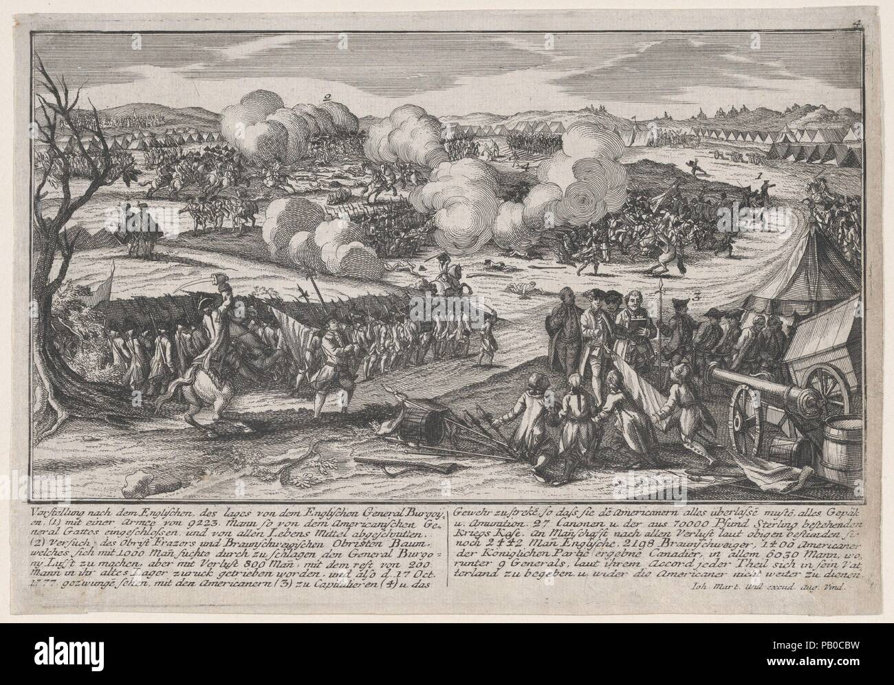 Battle of Saratoga (September 19, 1777). Dimensions: sheet: 8 1/8 x 11 13/16 in. (20.7 x 30 cm). Publisher: Published by Johann Martin Will (German, 1727-1806) , Augsburg. Museum: Metropolitan Museum of Art, New York, USA. Stock Photo